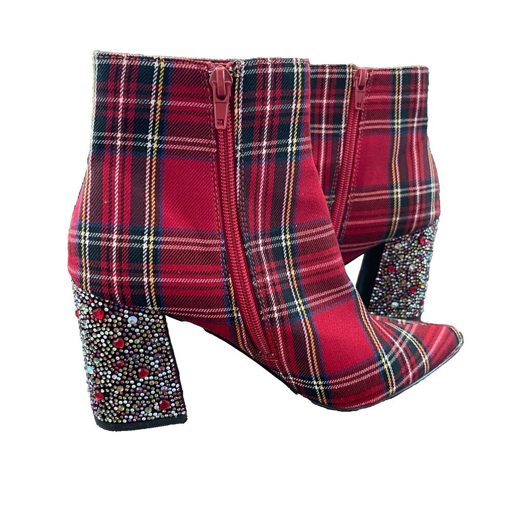 Betsey Johnson Kassie Boot Womens Red Plaid Rhinestone Block Heel Bootie Sz 7.5M